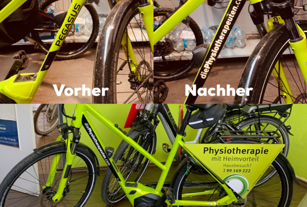 Kamphans und Kollegen, die Physiotherapeuten in Würzburg Mergentheimerstraße Fahrradbeschriftung für Hausbesuche. Fahrrad mit Gepäckträger Aufkleber und obere Beschriftung.